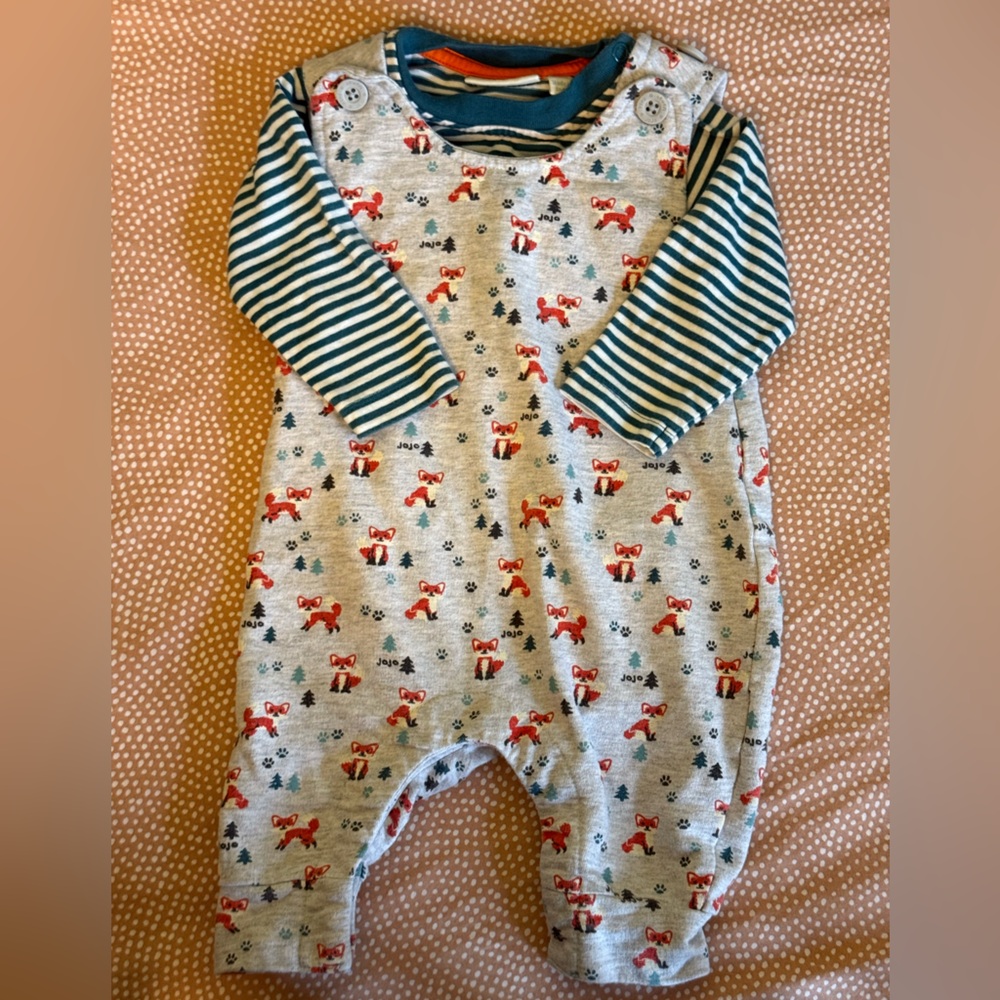 JoJo Maman Bebe Fox Print Overalls with Striped Long Sleeve Tee